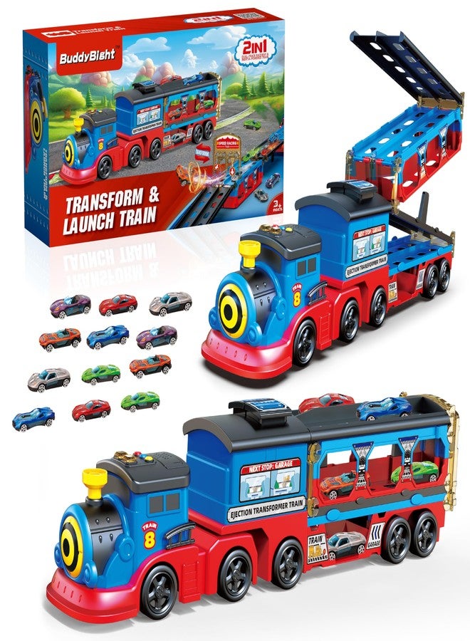 BuddyBight Train Set for Toddlers, Carrier Toy Truck w/54 Inch Foldable Race Track, 12 Die Cast Car Toys for Ages 2-4, Train Toy Semi Truck w/Light & Sound, Kids' Play Cars & Race Cars Trains Gift for Boys Girls - Image 1